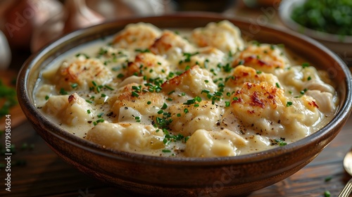 Savory Shrimp and Grits in a Rustic Bowl Garnished with Fresh Herbs Perfect for Culinary Promotions and Food Blogs