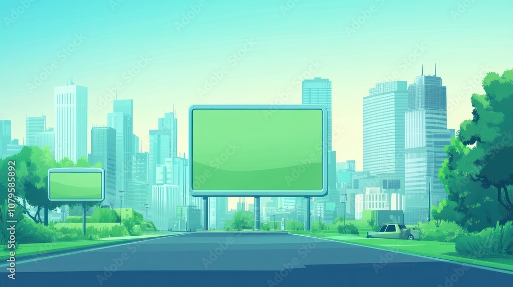 Obraz premium A serene urban landscape featuring billboards and skyscrapers under a clear blue sky.