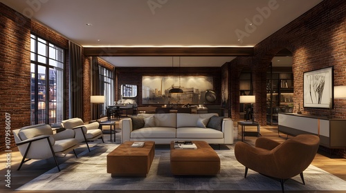 Modern Living Room with Brick Walls, City View, and Luxurious Furnishings