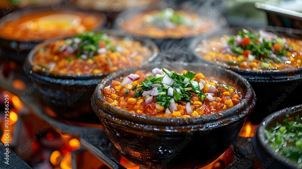 Traditional Clay Pots Filled with Sizzling Mexican Stew Cooking Over Open Flames, Perfect for Showcasing Authentic Mexican Cuisine and Culinary Traditions in Food Photography Traditional Clay Pots Filled with Sizzling Mexican Stew Cooking Over Open Flames, Perfect for Showcasing Authentic Mexican Cuisine and Culinary Traditions in Food Photography