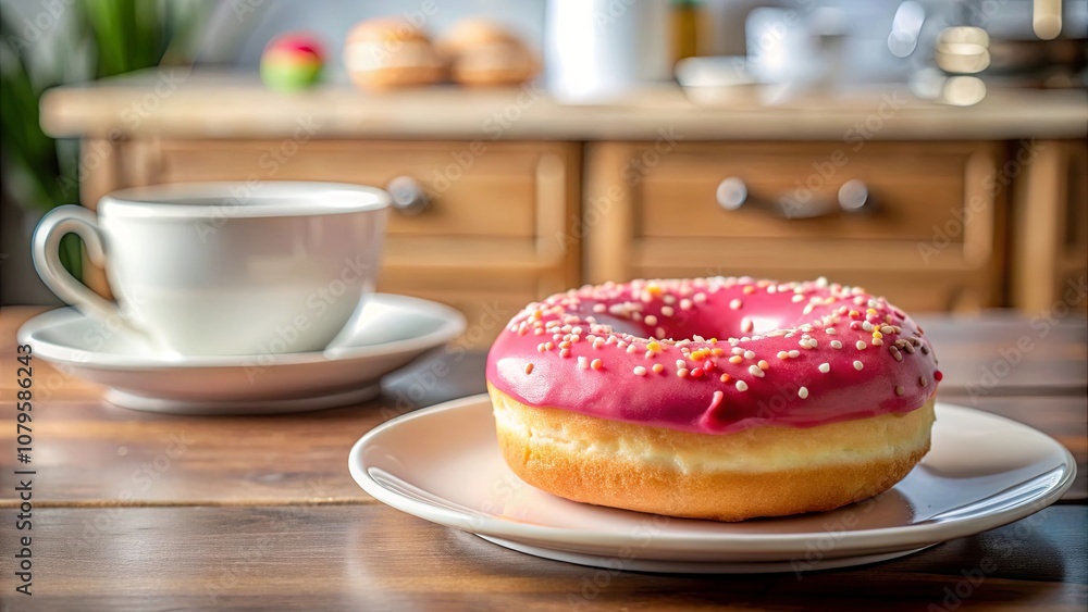 A pink glazed donut with colorful sprinkles on a white plate sits beside a white coffee cup on a rustic wooden table. A pink glazed donut with colorful sprinkles on a white plate sits beside a white coffee cup on a rustic wooden table.