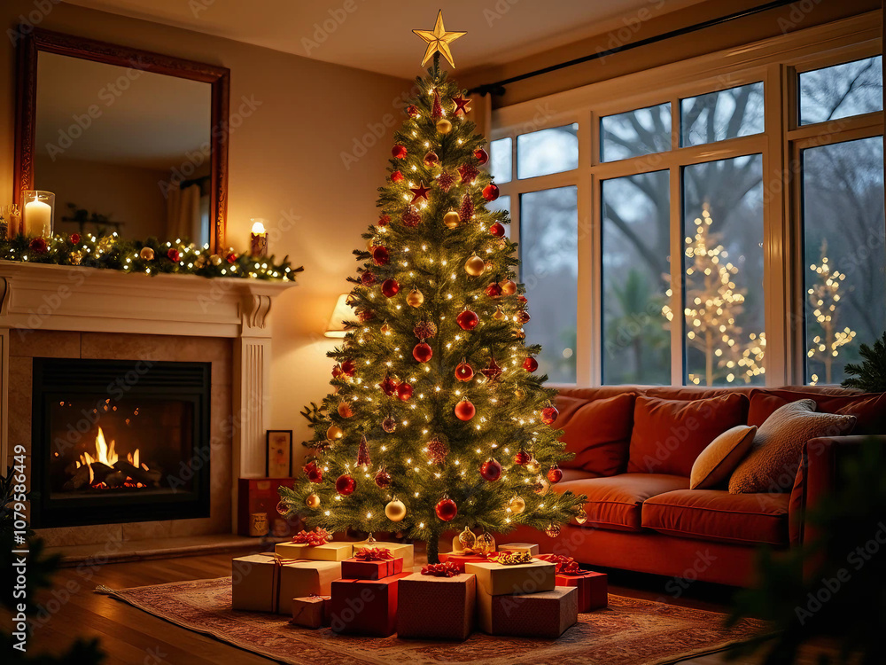 Wide-Angle Shot of Decorated Christmas Tree in Cozy Living Room with Red, Gold, and Green Ornaments and Wrapped Gifts Underneath, Emphasizing Warm Holiday Atmosphere and Festive Season Decor Wide-Angle Shot of Decorated Christmas Tree in Cozy Living Room with Red, Gold, and Green Ornaments and Wrapped Gifts Underneath, Emphasizing Warm Holiday Atmosphere and Festive Season Decor