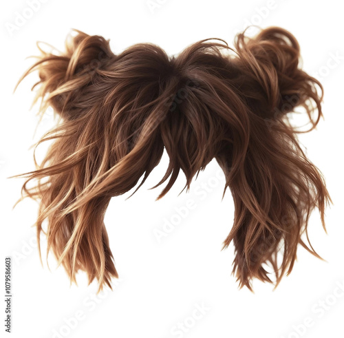 women's kare hairstyle  with two buns  hairs brown blond  colors .
 women fashion beauty style .AI generated
