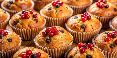 A symphony of flavors, with golden muffins adorned with jewel-toned cranberries, a delightful treat for the senses.