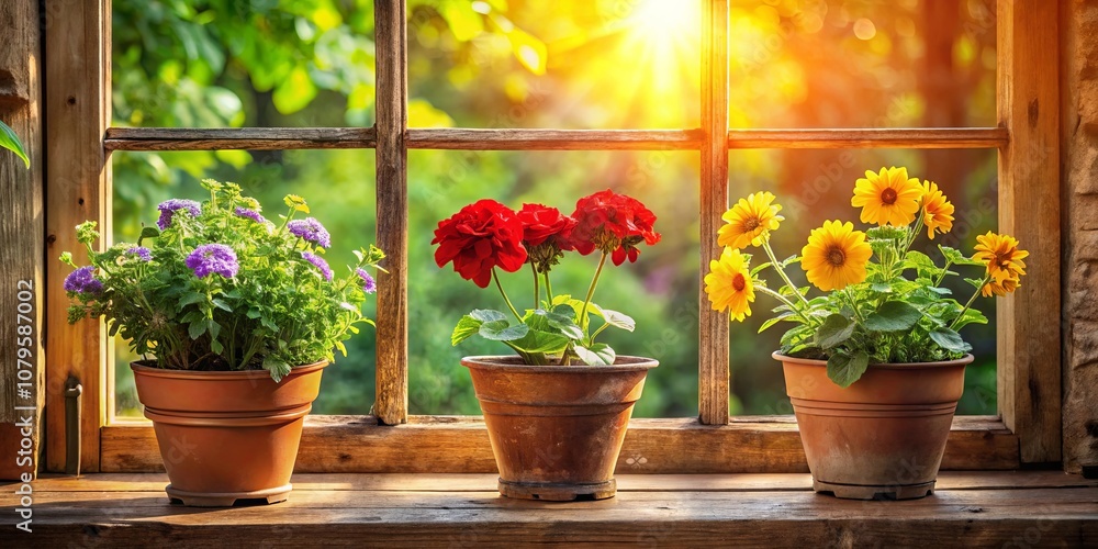 Sunlight streaming through a wooden window frame illuminates three potted plants, each with vibrant flowers in shades of purple, red, and yellow, creating a picturesque display of blooming life. Sunlight streaming through a wooden window frame illuminates three potted plants, each with vibrant flowers in shades of purple, red, and yellow, creating a picturesque display of blooming life.