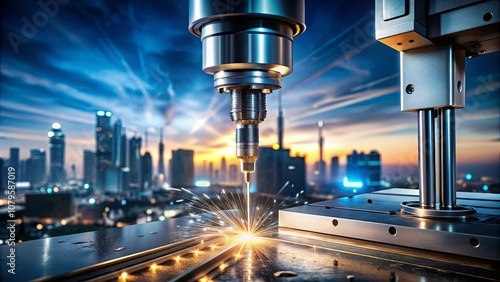 The glow of a welding torch cutting through metal against a backdrop of a city skyline at sunset.