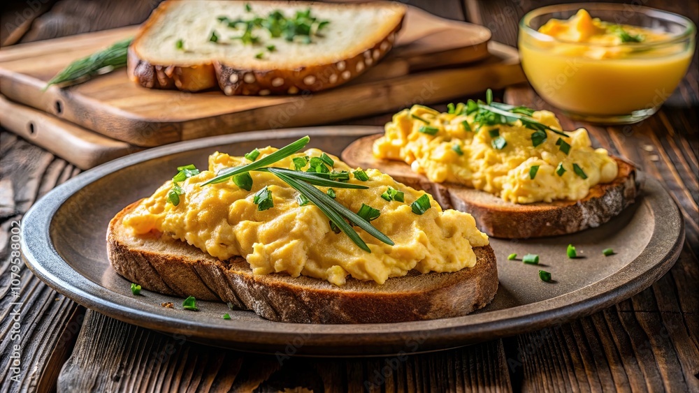 A rustic breakfast of toasted bread topped with scrambled eggs and fresh herbs, served on a wooden table with a side of creamy soup. A rustic breakfast of toasted bread topped with scrambled eggs and fresh herbs, served on a wooden table with a side of creamy soup.
