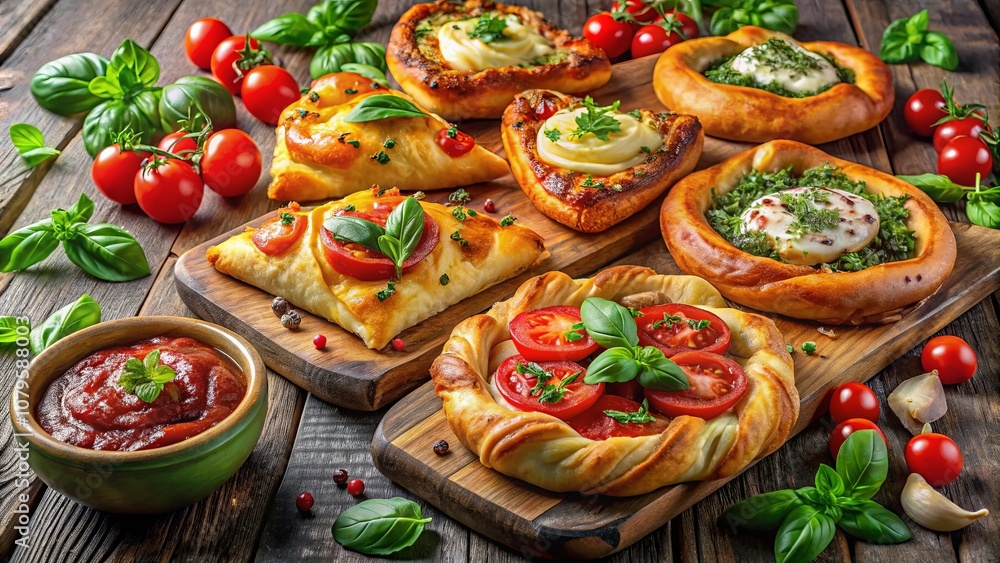 A Rustic Collection of Savory Baked Goods with Fresh Tomatoes and Basil Garnishes, Served on Wooden Cutting Boards A Rustic Collection of Savory Baked Goods with Fresh Tomatoes and Basil Garnishes, Served on Wooden Cutting Boards