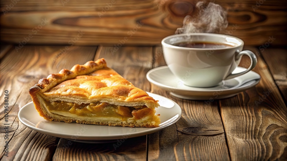 A slice of warm apple pie on a white plate with a cup of steaming beverage nearby on a rustic wooden table A slice of warm apple pie on a white plate with a cup of steaming beverage nearby on a rustic wooden table