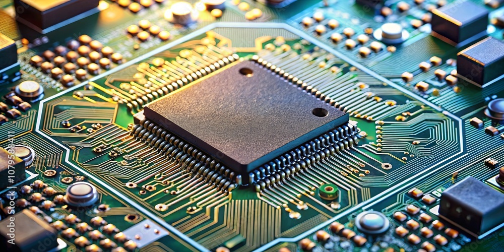 A close-up of a circuit board, showcasing the intricate patterns of conductive pathways and the heart of the system a complex microchip, embodying technological innovation