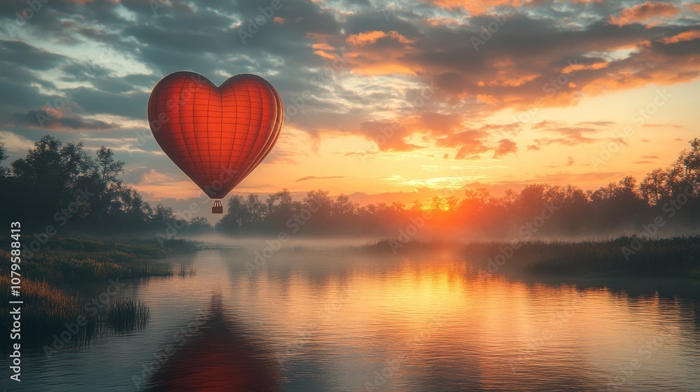 Fototapeta premium hot air balloon and love heart shape 3d rendering