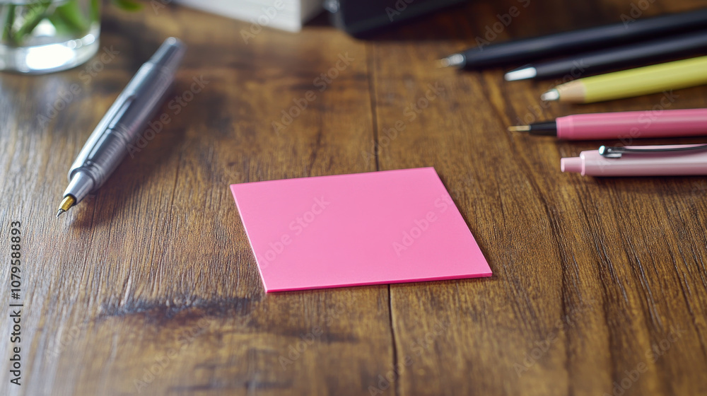 pink sticky note sits on wooden desk surrounded by pens, creating vibrant workspace atmosphere. This captures essence of organization and creativity pink sticky note sits on wooden desk surrounded by pens, creating vibrant workspace atmosphere. This captures essence of organization and creativity