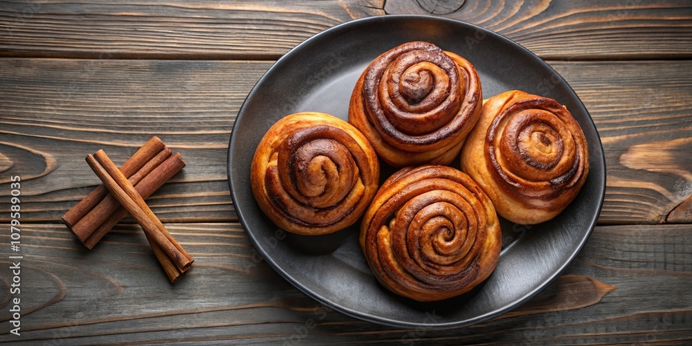 A plate of freshly baked cinnamon rolls, nestled in a black dish, adorned with a simple cross of cinnamon sticks on a rustic wooden background. A plate of freshly baked cinnamon rolls, nestled in a black dish, adorned with a simple cross of cinnamon sticks on a rustic wooden background.