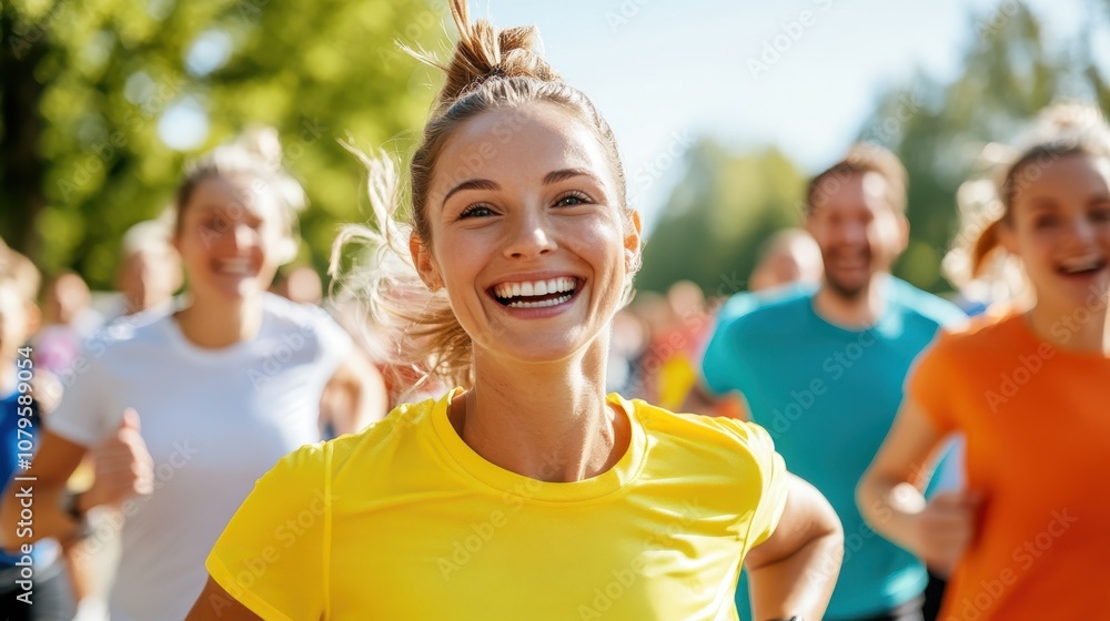 A large group of cheerful individuals jogging together outdoors, showcasing a bright and sunny day. The focus is on the joy and camaraderie of the group. A large group of cheerful individuals jogging together outdoors, showcasing a bright and sunny day. The focus is on the joy and camaraderie of the group.