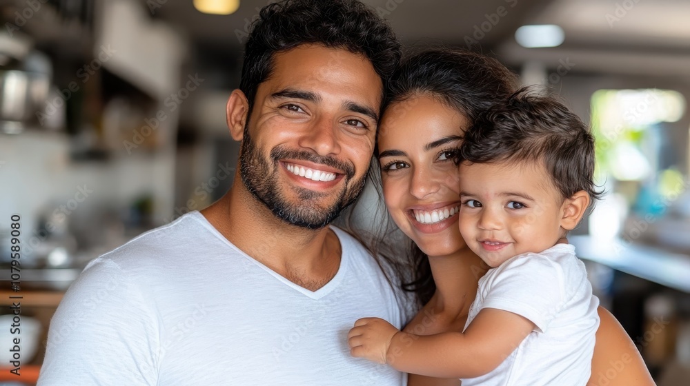 A joyful family of three, a man, woman, and child, smiling and posing together indoors, highlighting familial love and happiness in a cozy domestic setting. A joyful family of three, a man, woman, and child, smiling and posing together indoors, highlighting familial love and happiness in a cozy domestic setting.