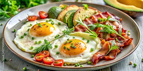 A Plate of Savory Delights with Sunny-Side Up Eggs, Crisp Bacon, Sliced Avocado, and Cherry Tomatoes, Garnished with Fresh Herbs, Served on a Rustic Wooden Table