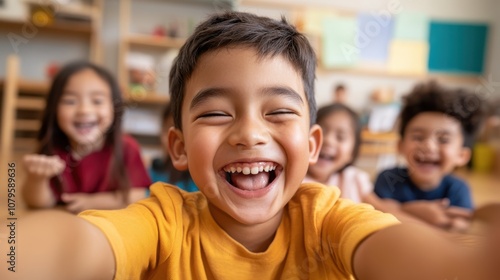 A group of young kids laughs wholeheartedly together in a classroom, dressed in vibrant clothing, exuding a sense of friendship and joy in a learning environment.
