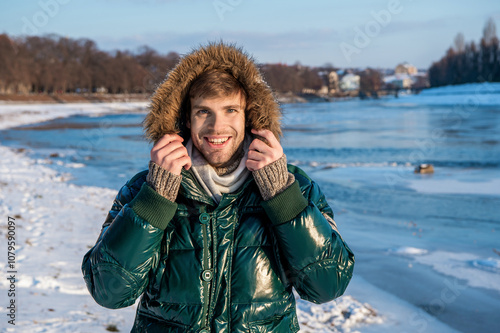 positive stylish man wear winter fashion outdoor. fashion man at winter holidays. man in winter photo