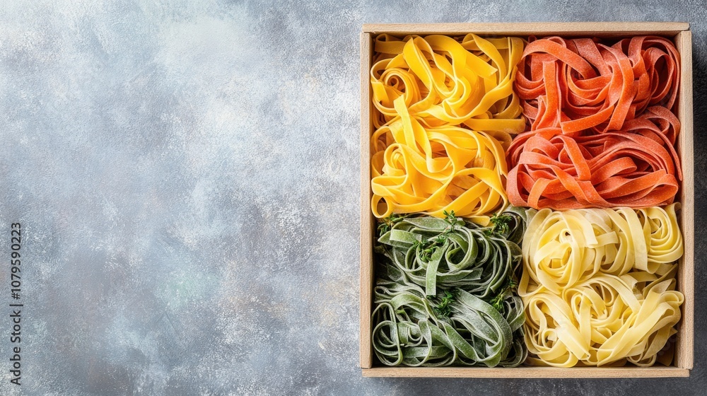 Variety of vibrant pasta in a wooden box Concept of healthy eating Flat lay perspective with ample space for text Variety of vibrant pasta in a wooden box Concept of healthy eating Flat lay perspective with ample space for text