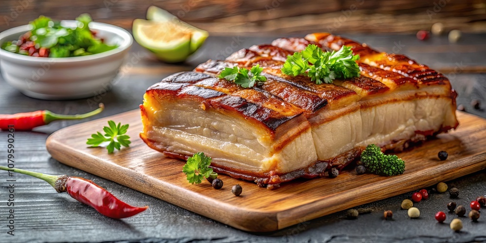 Crispy Roasted Pork Belly with Aromatic Herbs and Peppercorns on a Wooden Cutting Board Crispy Roasted Pork Belly with Aromatic Herbs and Peppercorns on a Wooden Cutting Board