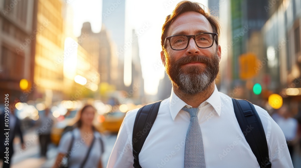 A smiling man with a beard and tie is surrounded by vibrant city life, with taxis and tall buildings in the background, embodying a lively urban energy. A smiling man with a beard and tie is surrounded by vibrant city life, with taxis and tall buildings in the background, embodying a lively urban energy.