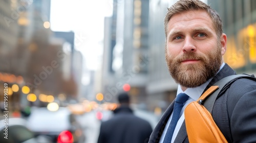 A bearded man in a suit with a leather bag moves determinedly through city streets, embodying focus and ambition amidst an urban backdrop. photo