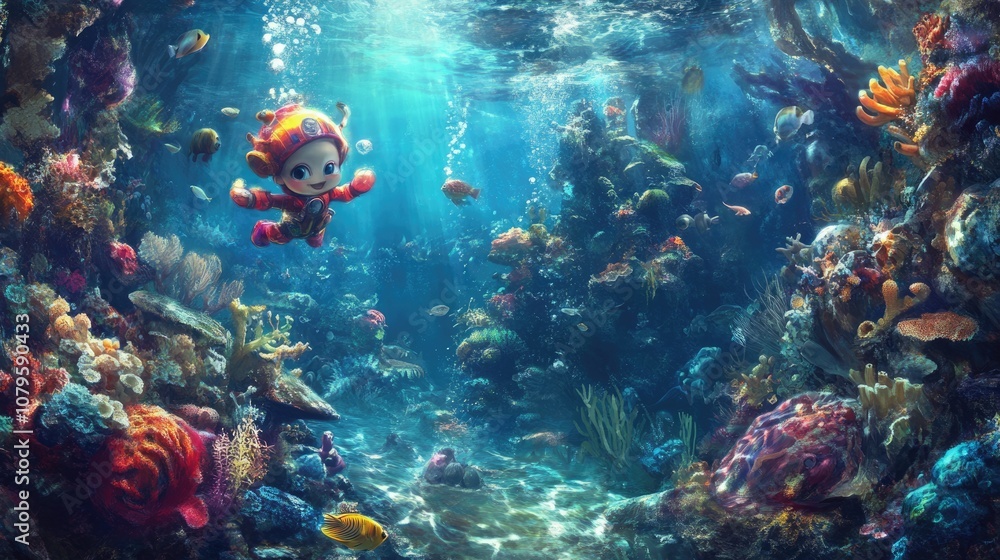 Naklejka premium Little Diver Explores the Coral Reef