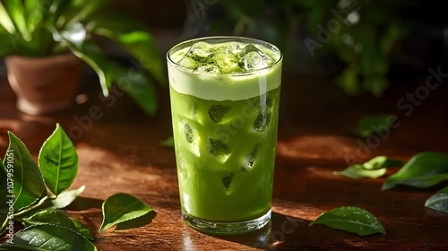 Refreshing Green Drink Served in a Glass Home Kitchen Beverage Photography Natural Setting Close-up Shot Healthy Lifestyle Concept