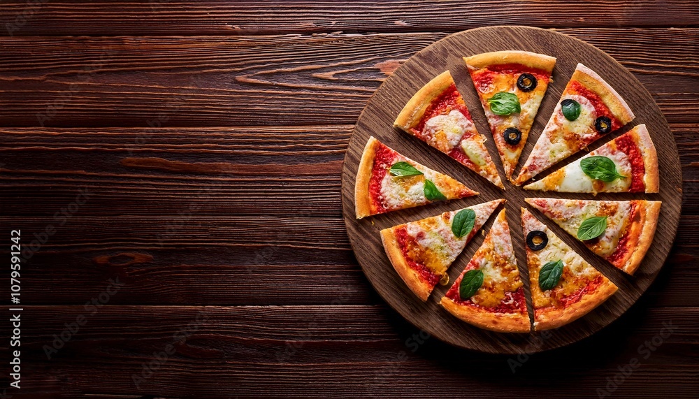pizza with cut slices. Top down view with table scene on a dark wood background. pizza with cut slices. Top down view with table scene on a dark wood background.