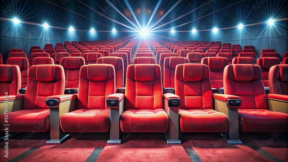 Obraz premium Rows of red theater seats await an immersive cinematic experience, bathed in the soft glow of ambient lights.