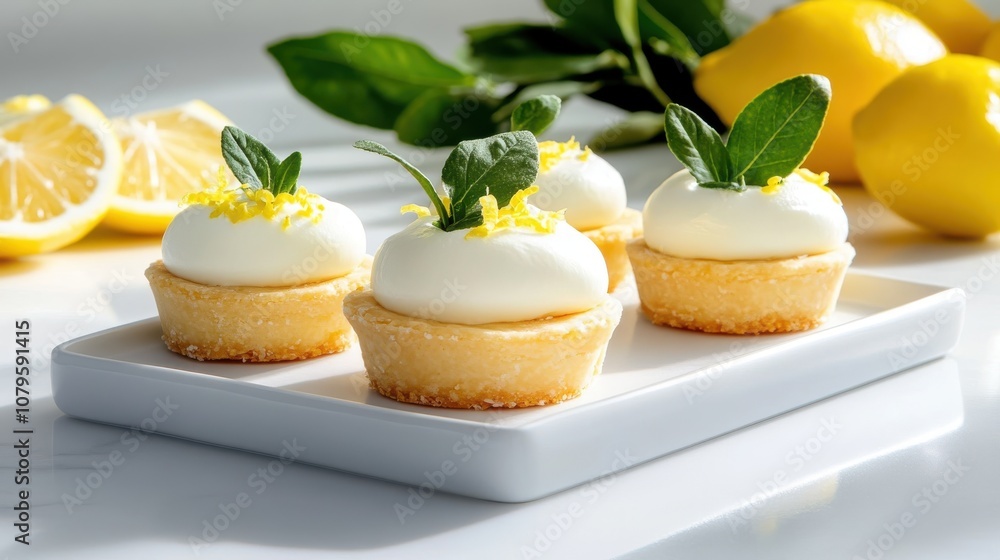 Delicious lemon tarts garnished with whipped cream and fresh mint leaves, beautifully presented on a white plate, accompanied by fresh lemons in the background. Delicious lemon tarts garnished with whipped cream and fresh mint leaves, beautifully presented on a white plate, accompanied by fresh lemons in the background.