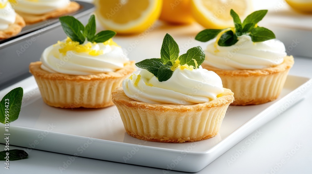 Tantalizing lemon cream tarts adorned with fresh mint leaves, artfully arranged on a white platter against a vibrant lemon background, perfect for any occasion.