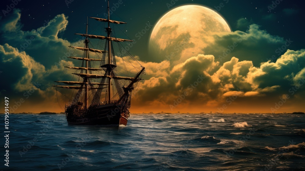 Fototapeta premium Sailing Under a Full Moon