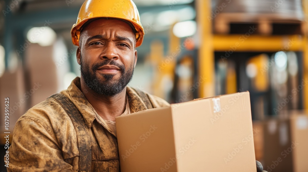 A hardworking warehouse worker in a yellow helmet and dirty uniform confidently holds a cardboard box in a busy storage facility, showcasing industrial strength. A hardworking warehouse worker in a yellow helmet and dirty uniform confidently holds a cardboard box in a busy storage facility, showcasing industrial strength.