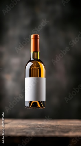 A wine bottle with an orange cap and blank label is seen floating against a dramatic, blurred background, creating a sense of elegance and mystery. photo