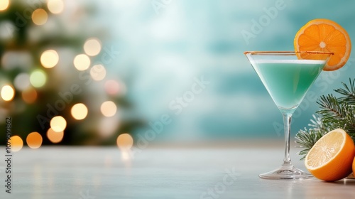 A blue martini cocktail in a glass with an orange slice and festive decorations in the background, creating an elegant and celebratory holiday ambiance. photo