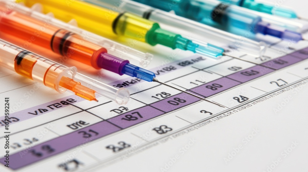 A collection of colorful syringes arranged on a table with a measurement chart. A collection of colorful syringes arranged on a table with a measurement chart.