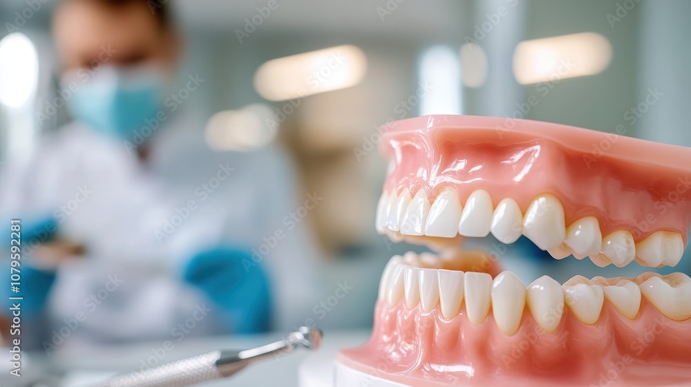 A dentist carefully holds a dentures model in their clinic, symbolizing precision and professional dental examination, set against a clinic backdrop, highlighting care. A dentist carefully holds a dentures model in their clinic, symbolizing precision and professional dental examination, set against a clinic backdrop, highlighting care.