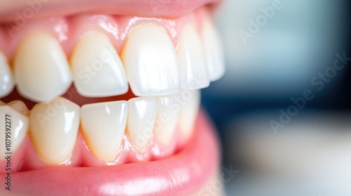 A close-up of gleaming white teeth forms a radiant and healthy smile, showcasing dental hygiene and confidence in personal aesthetics and health.