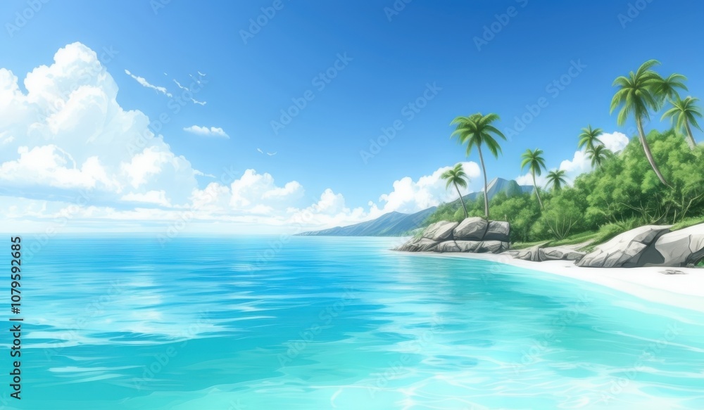 a view of a beach with palm trees and a blue ocean a view of a beach with palm trees and a blue ocean