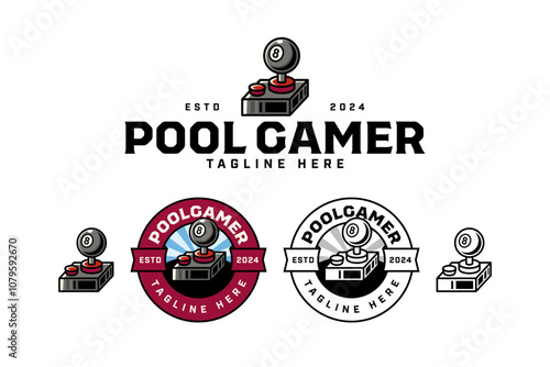 black billiard ball with game console badge logo design set for billiard sport and competition. gaming controller, joystick with pool ball illustration modern logo collection for snooker sport