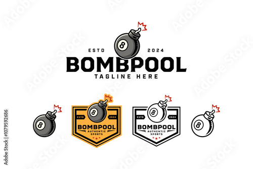 bomb with billiard ball and fire badge logo design set for billiard sport and competition. pool black ball with bomb, burning fuse emitting sparks and light illustration modern logo for snooker sport