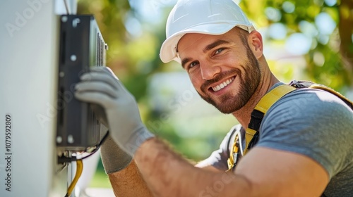 A cheerful electrician in a safety helmet and gloves works on an electrical panel mounted to a wall, emphasizing safety and precision in outdoor electrical jobs. photo