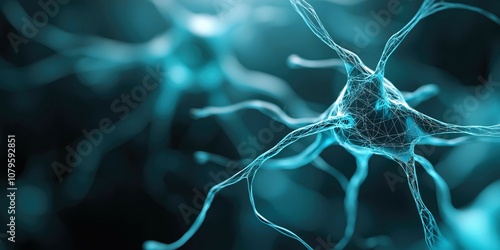 Close-up view of glowing neurons in blue tones showcasing neural connections and synapses representing brain activity and scientific research in a digital style