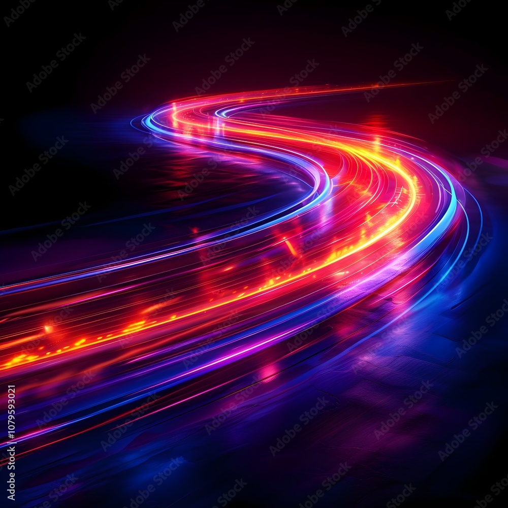 A long, curving road with bright lights in the background A long, curving road with bright lights in the background