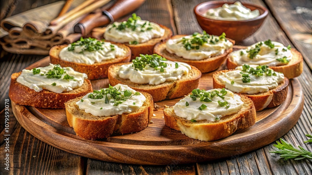 Rustic Wooden Board Adorned with Toasted Bread Slices, Each Generously Spread with Creamy Cheese and Topped with Freshly Chopped Herbs Rustic Wooden Board Adorned with Toasted Bread Slices, Each Generously Spread with Creamy Cheese and Topped with Freshly Chopped Herbs