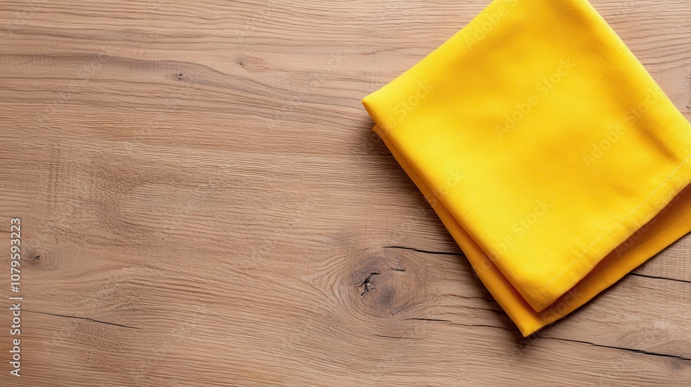 Precision folding of a bright yellow fabric on a light wooden table represents simplicity and elegance, ideal for home decor and lifestyle inspiration. Precision folding of a bright yellow fabric on a light wooden table represents simplicity and elegance, ideal for home decor and lifestyle inspiration.