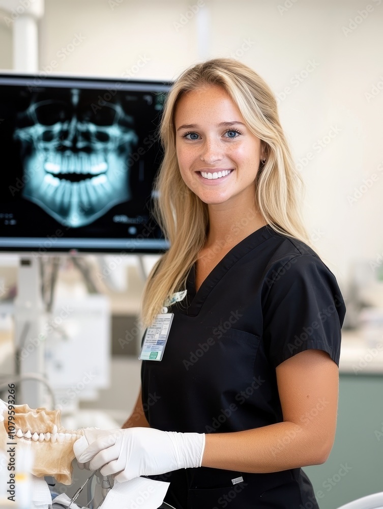 An expert dental professional, dressed in professional black, stands beside a computer displaying patient X-ray results, illustrating dedication to patient care and healthcare excellence. An expert dental professional, dressed in professional black, stands beside a computer displaying patient X-ray results, illustrating dedication to patient care and healthcare excellence.