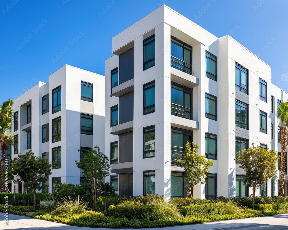 Modern apartment building with sleek architecture, surrounded by lush greenery under a clear blue sky. Modern apartment building with sleek architecture, surrounded by lush greenery under a clear blue sky.