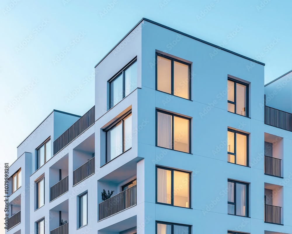 A modern residential building with large windows and balconies, reflecting a clear blue sky. A modern residential building with large windows and balconies, reflecting a clear blue sky.